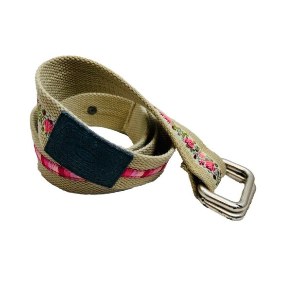 Vintage Y2K Lucky Brand Burlap Floral Leather Trim Belt Womens One Size